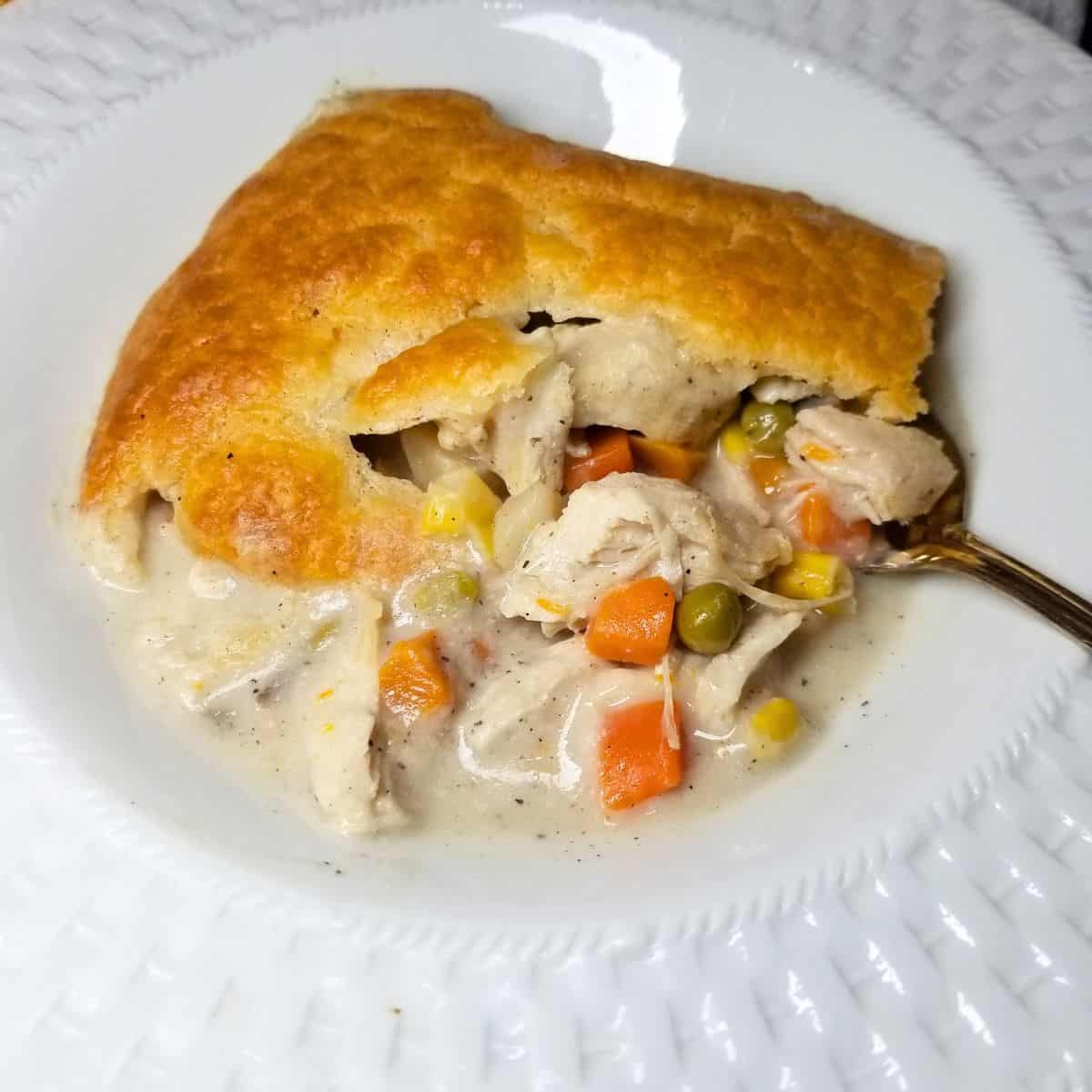 Chicken pot pie in a serving bowl with a spoon.