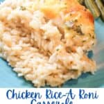 Chicken and Rice on a blue plate with green beans.