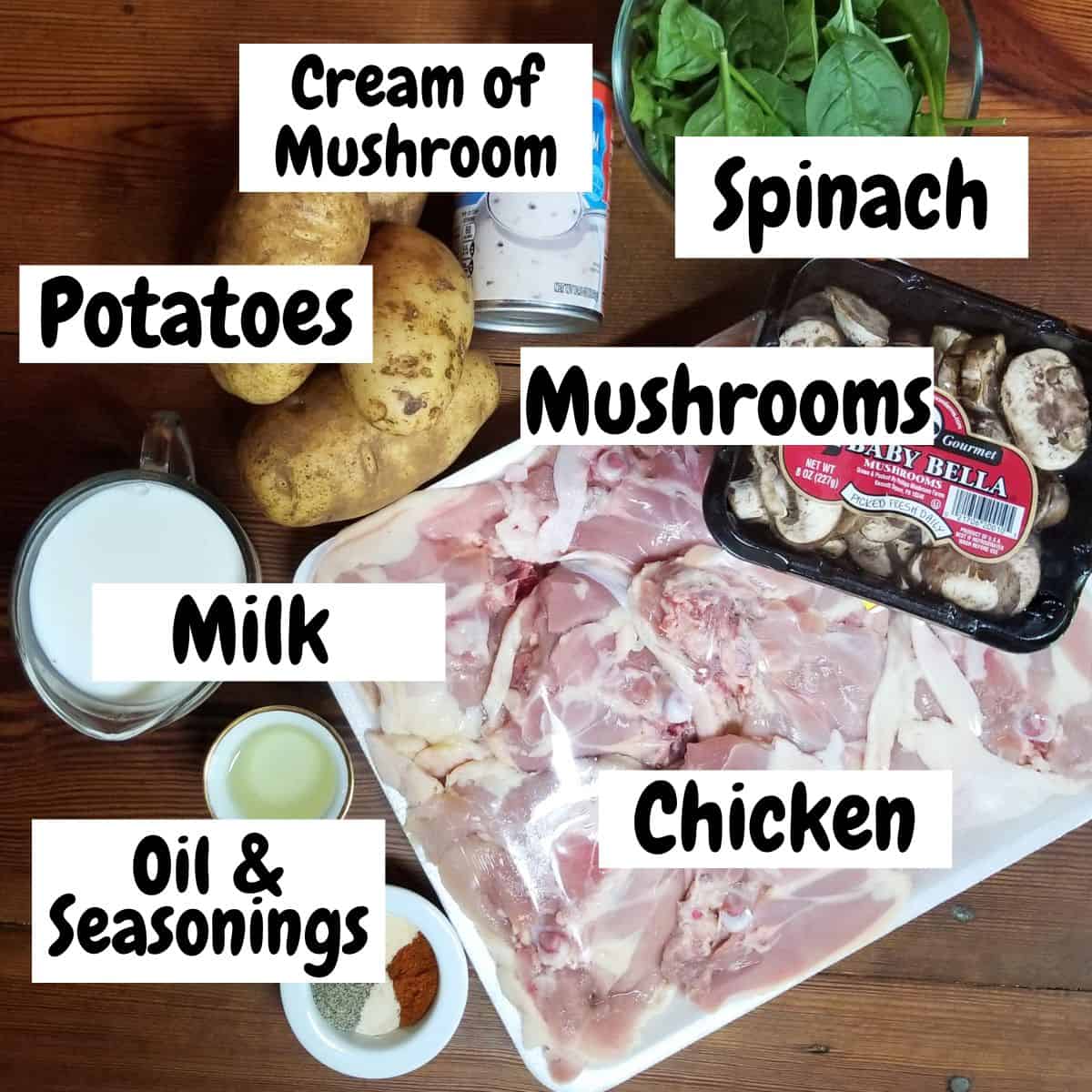 Ingredients needed for making chicken with potatoes with text overlay.