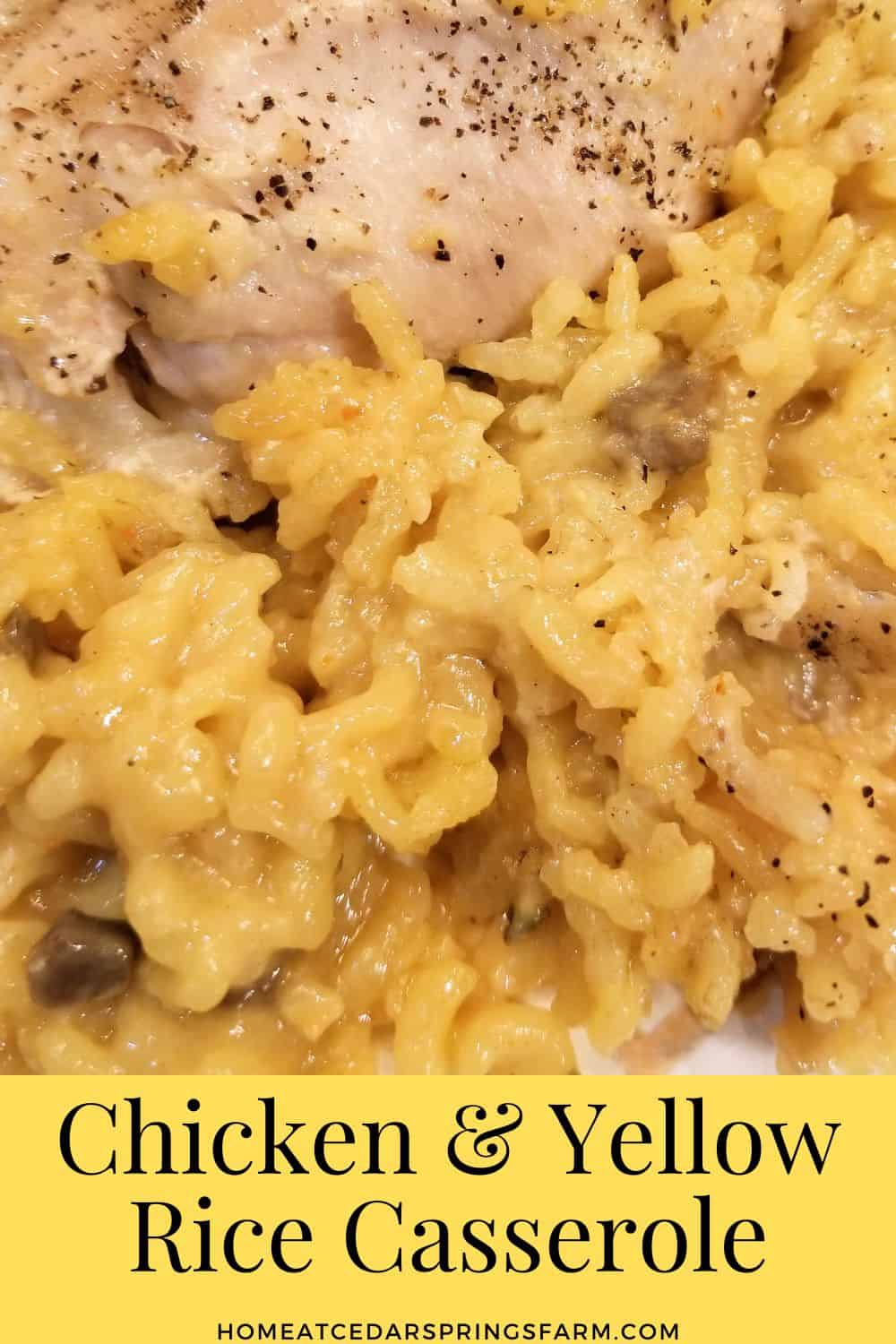 Chicken and yellow rice on a plate with text overlay.