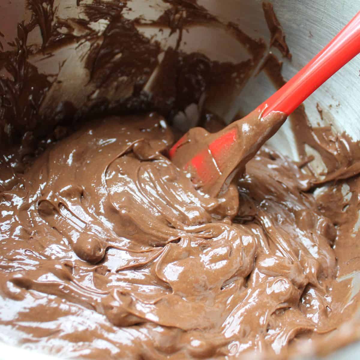 Mixing the cake mix in a large bowl with chocolate chips.