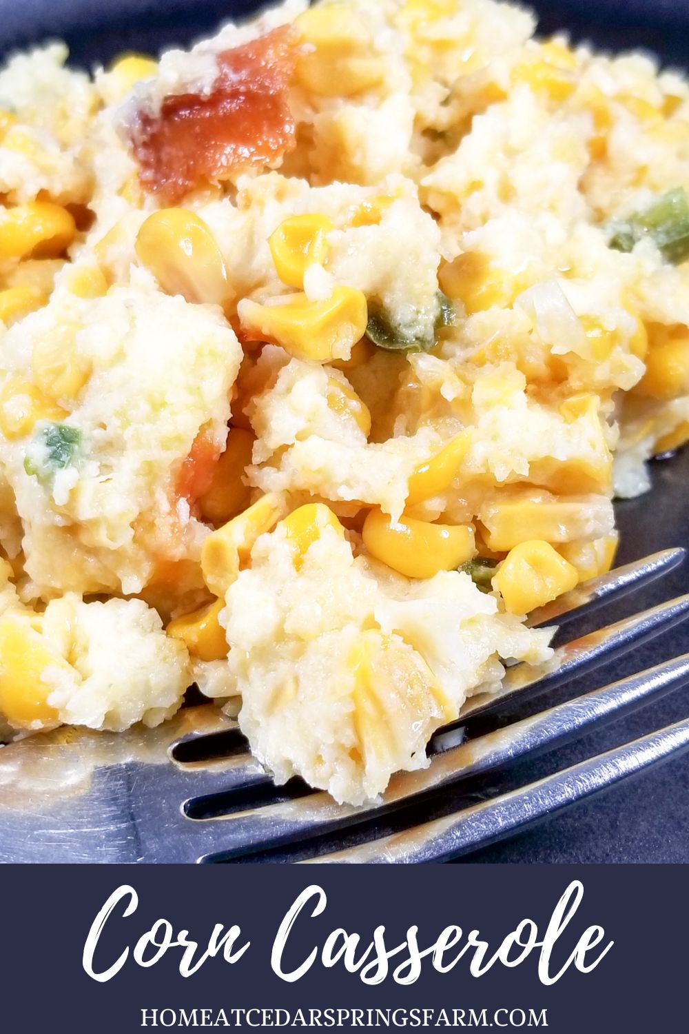 picture of corn casserole with text overlay