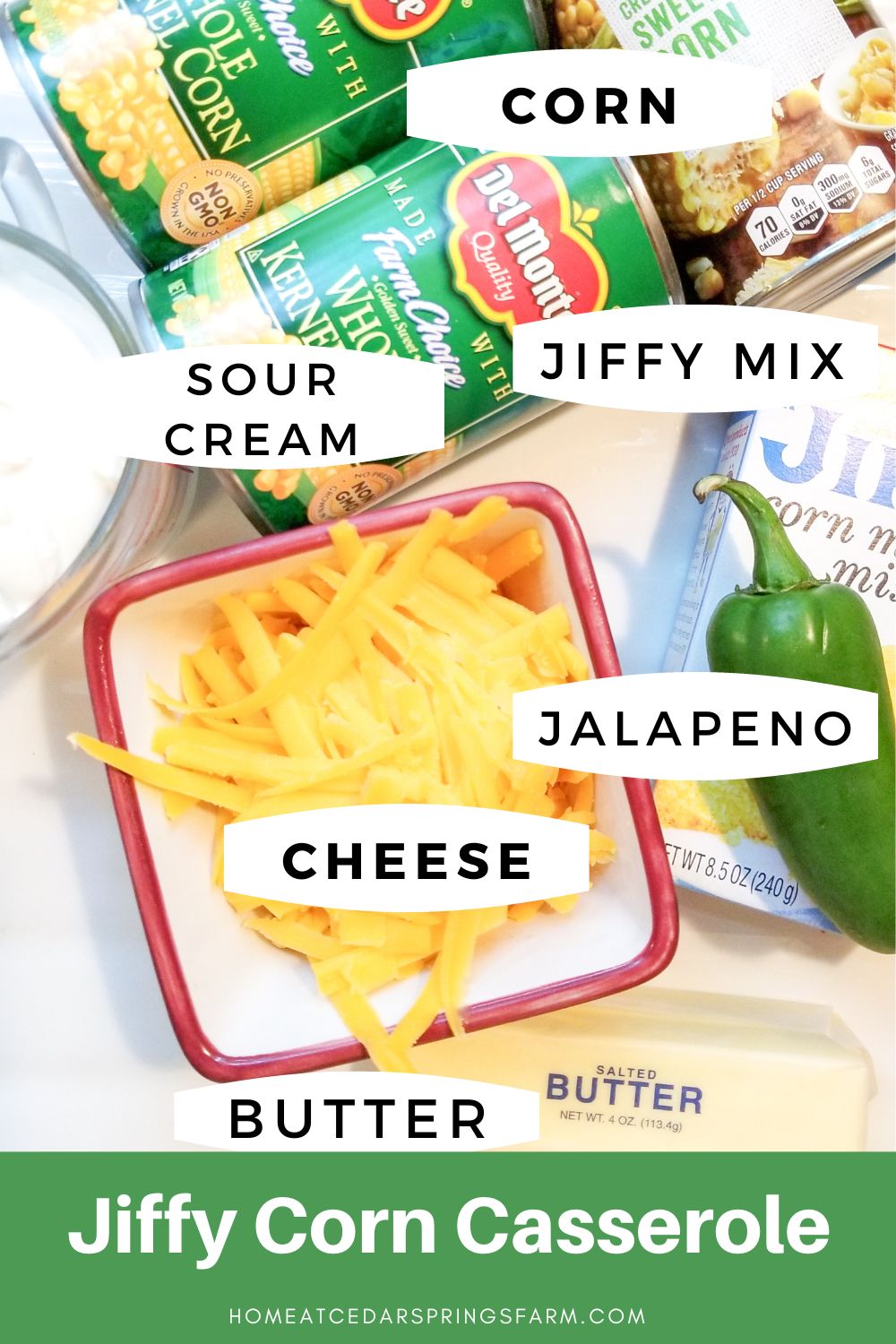 picture of ingredients for corn casserole with text overlay