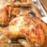 Close-up of crispy skin on roasted Cornish hens.