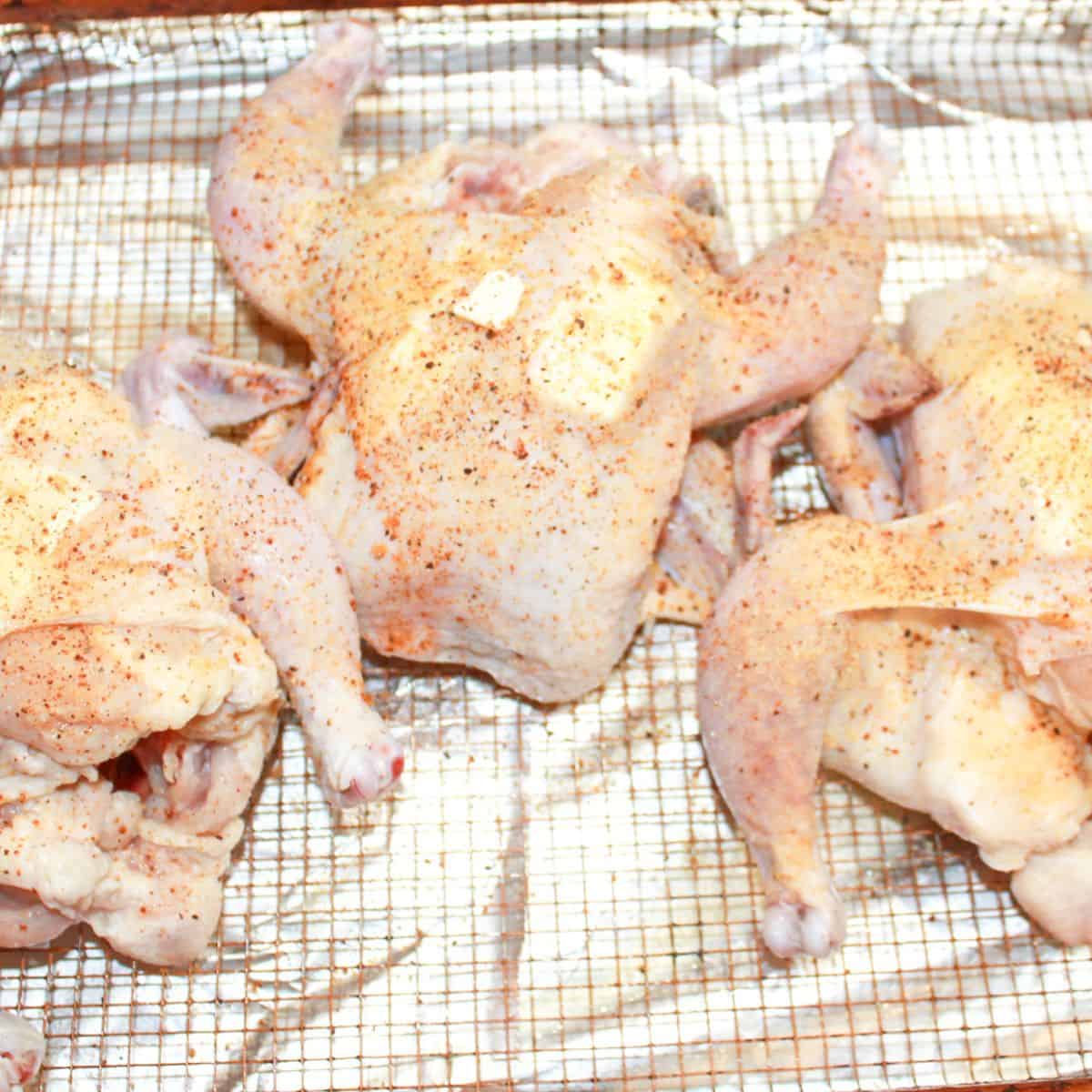 Raw Cornish hens patted dry and seasoned on a roasting rack.