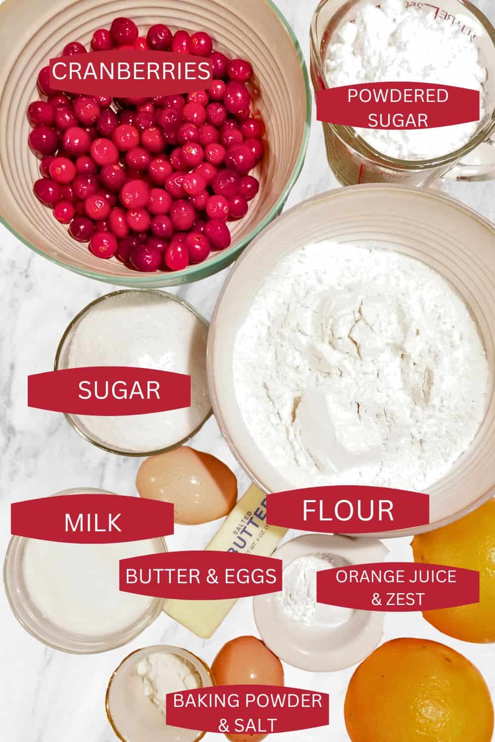 Ingredients for making cranberry orange bread with text overlay.