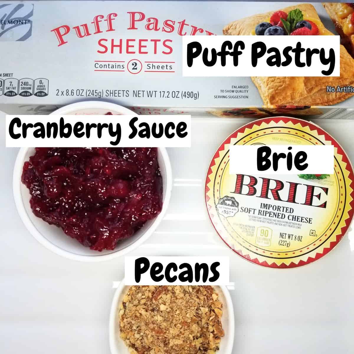 Ingredients needed for making Cranberry Brie Bites with text overlay.