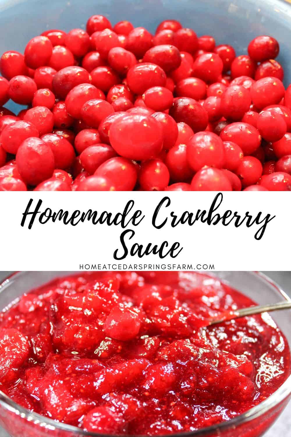 Homemade Cranberry Sauce with fresh cranberries and cooked cranberries. Text overlay.