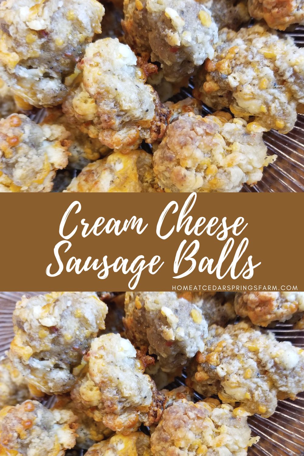 Cream cheese sausage balls on a plate with text overlay.