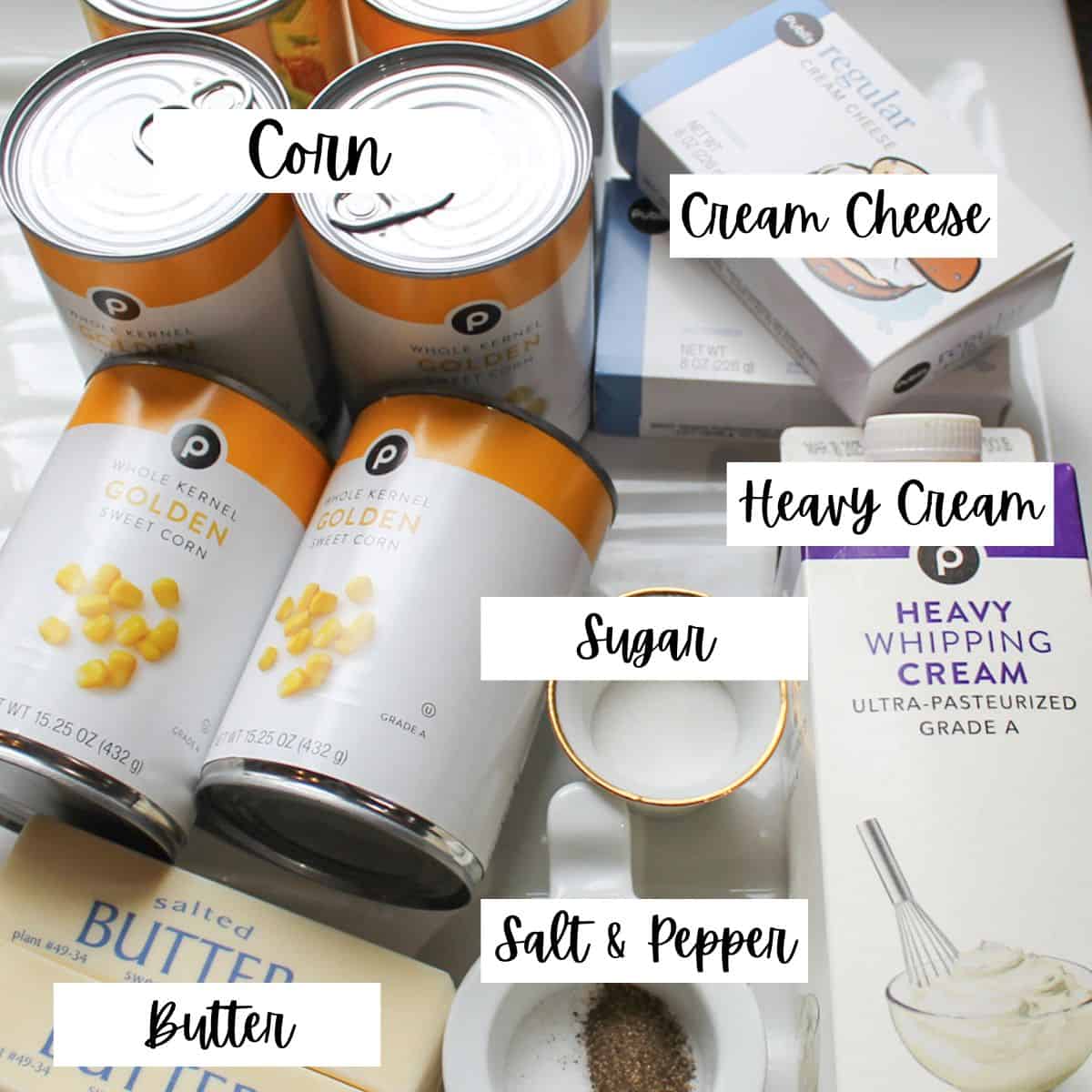 Ingredients needed for making crockpot creamed corn with text overlay.