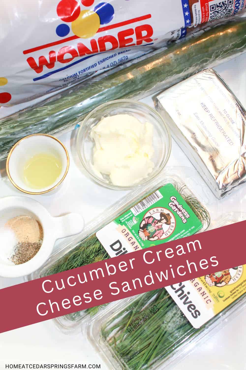 Ingredients needed for cucumber cream cheese sandwiches.