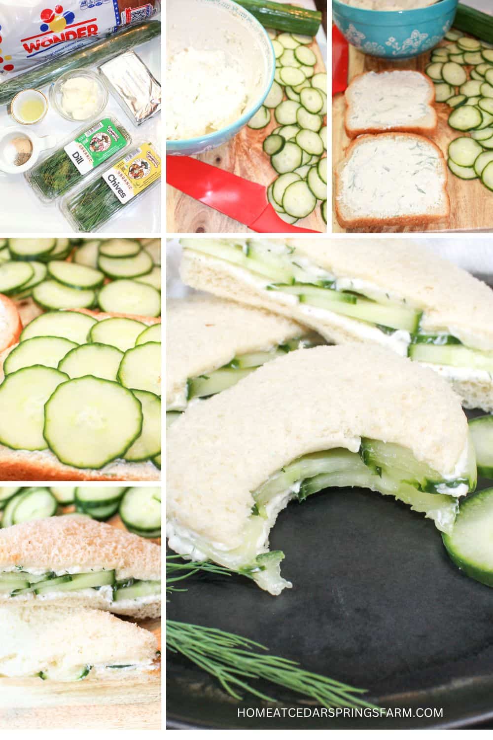 Steps shown for making a cucumber cream cheese sandwich.