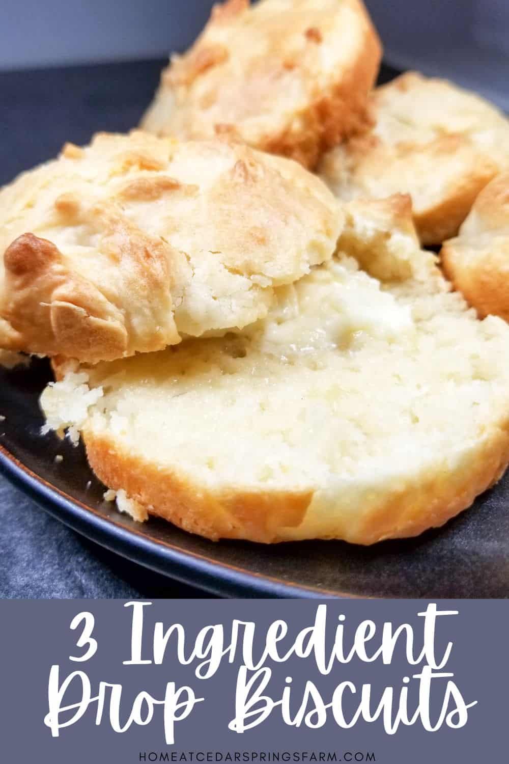 3 ingredient drop biscuits on a black plate with text overlay.