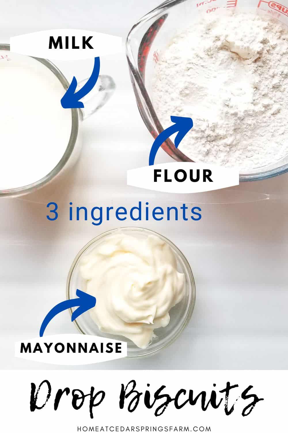 Ingredients needed for 3 ingredient drop biscuits with text overlay.