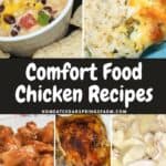 Multiple pictures of chicken recipes and dinners with text overlay.