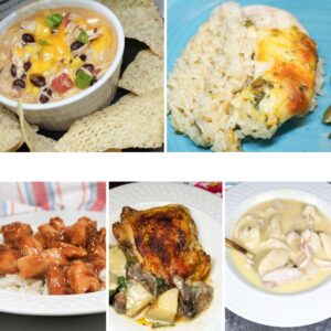 Five different chicken meals shown for easy weeknight cooking.