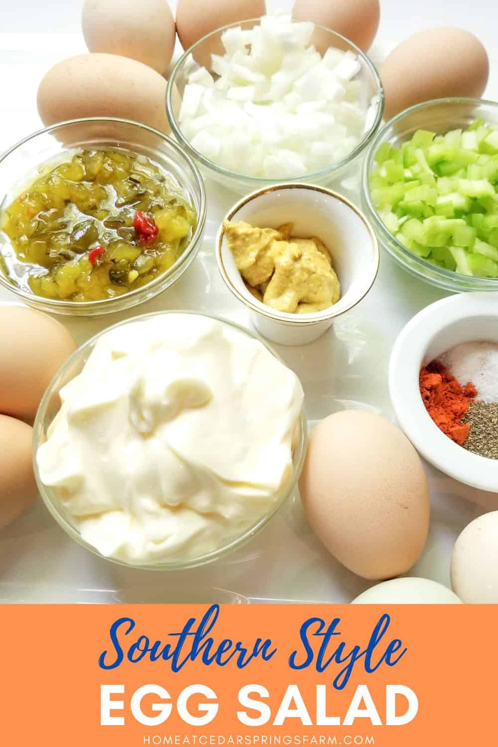 Ingredients for Southern Style Egg Salad with text overlay.