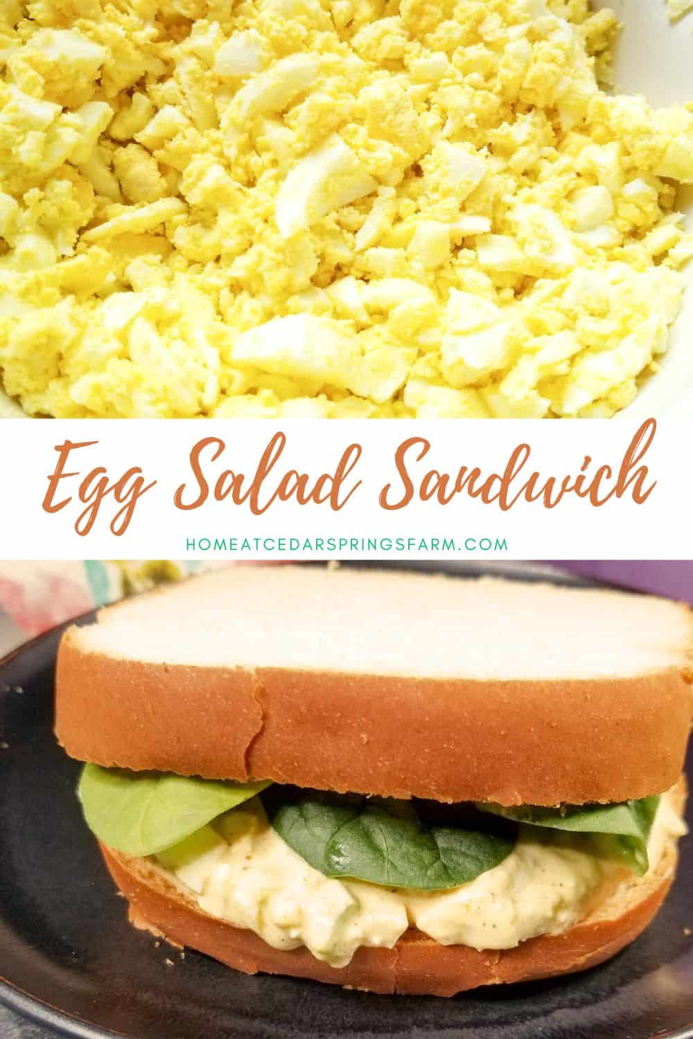 Southern Style Egg Salad Sandwich on a black plate and chopped eggs in a bowl with text overlay.