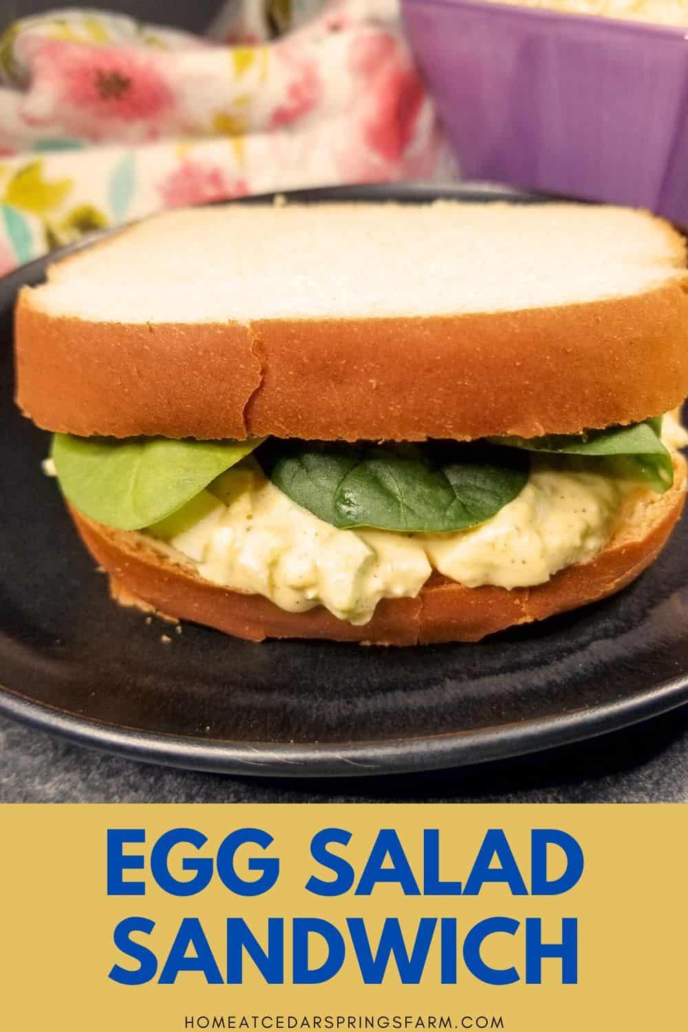 Egg salad sandwich on a black plate with text overlay.