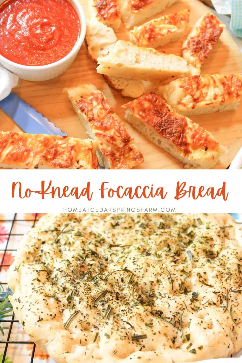 No knead focaccia bread shown as cheesy bread and with Italian seasoning with text overlay.