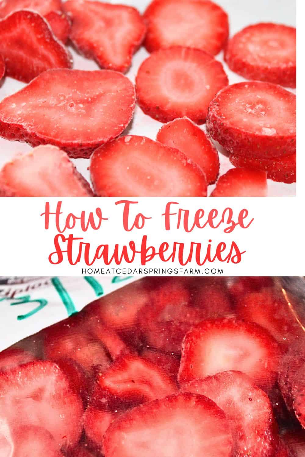 Sliced frozen strawberries on a tray and in a bag with text overlay.