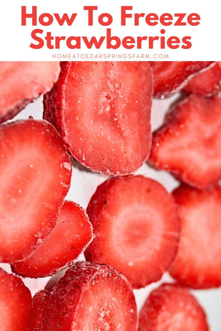 Frozen sliced strawberries on a tray with text overlay.