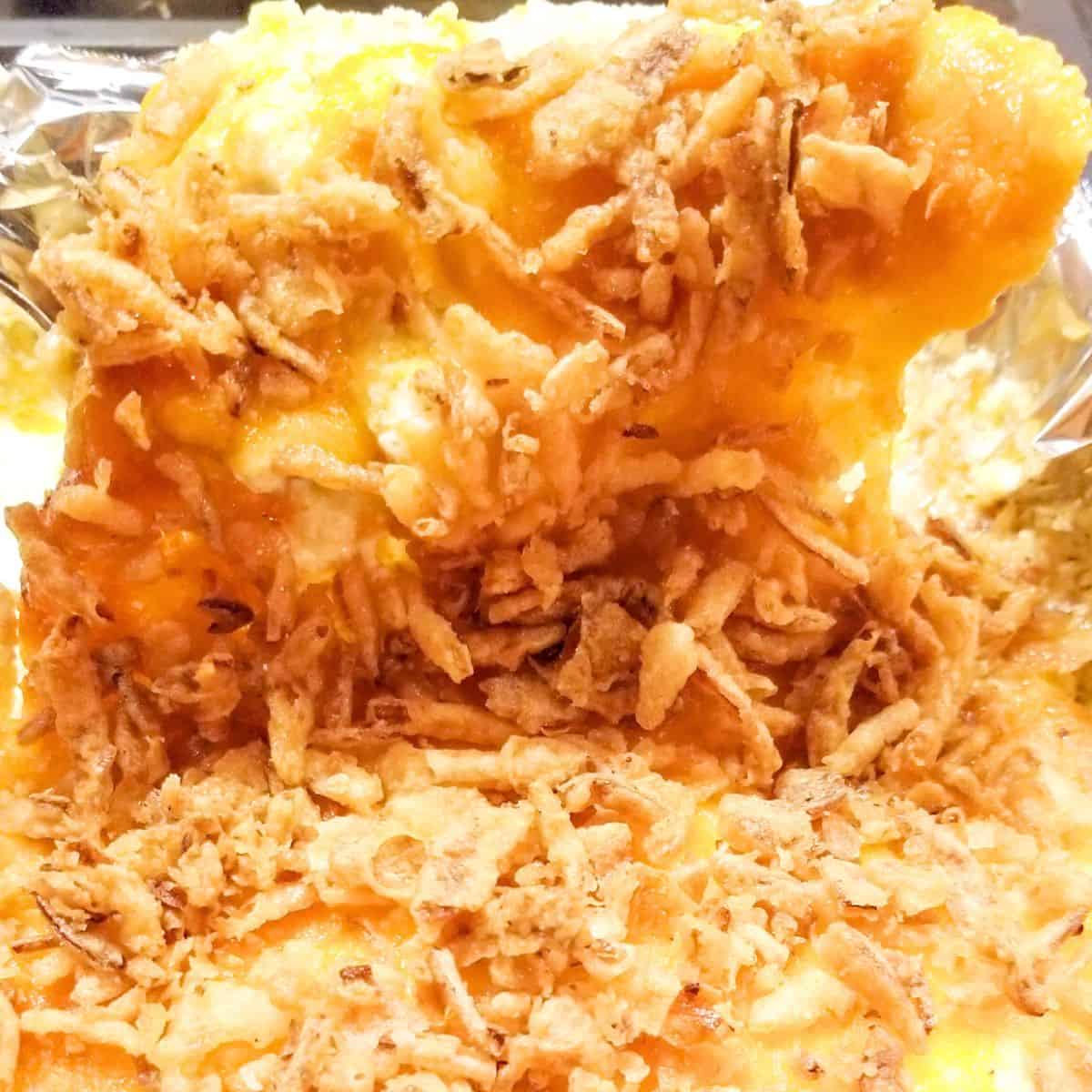 The finished recipe with fried onions cooked over the chicken.