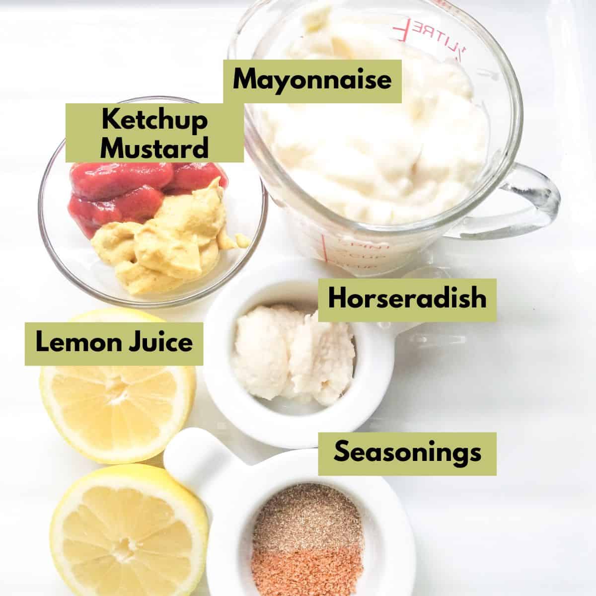 Ingredients needed for Remoulade sauce with text overlay.