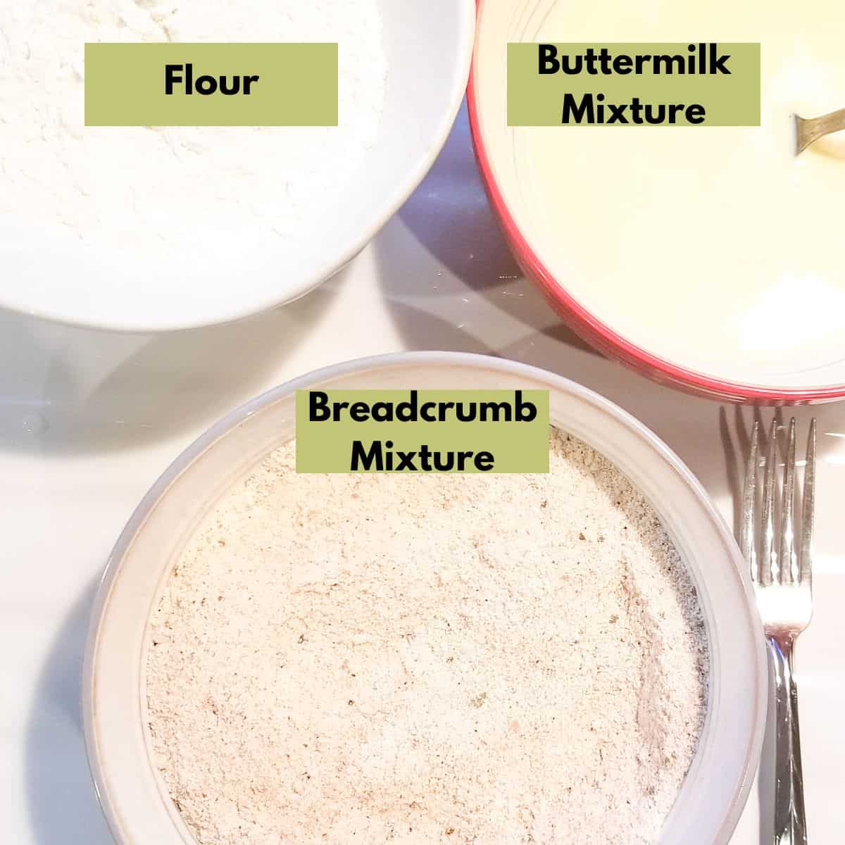 Ingredients needed for battering tomatoes with text overlay.
