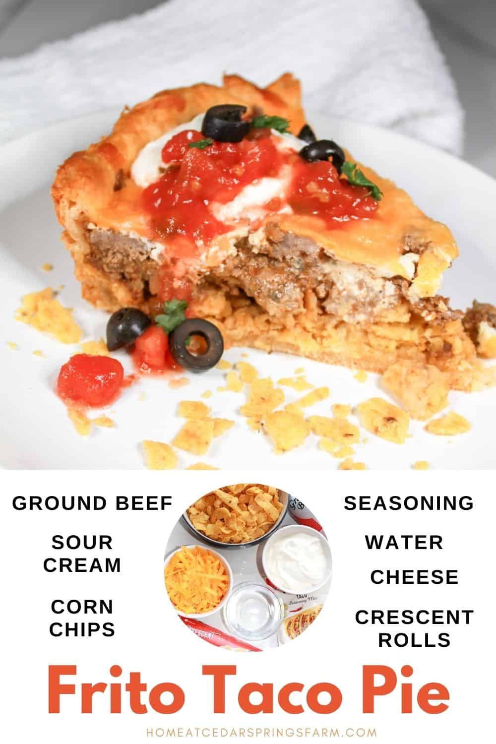 Taco pie on a plate with toppings and text overlay.
