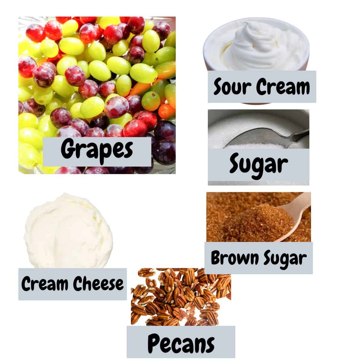 Ingredients needed for creamy grape salad with text overlay.