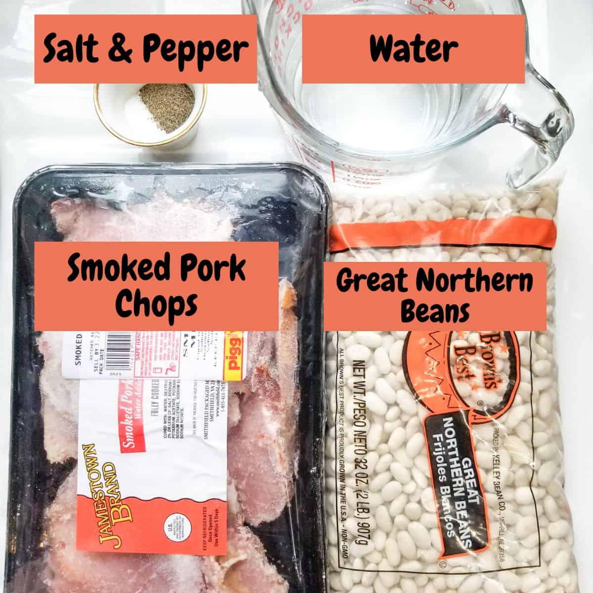 Ingredients needed for making great northern beans with text overlay.