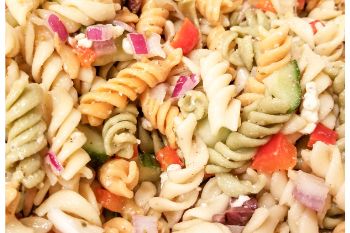 Greek Pasta Salad with text overlay