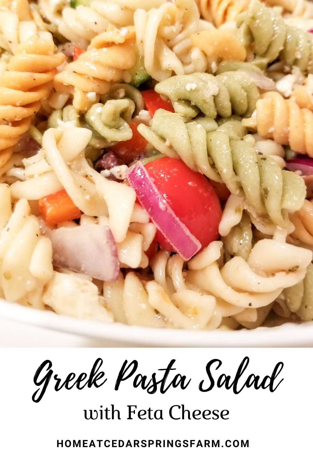 Greek Pasta salad with text overlay