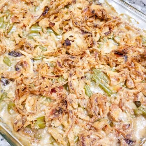 Green bean casserole in a baking dish.