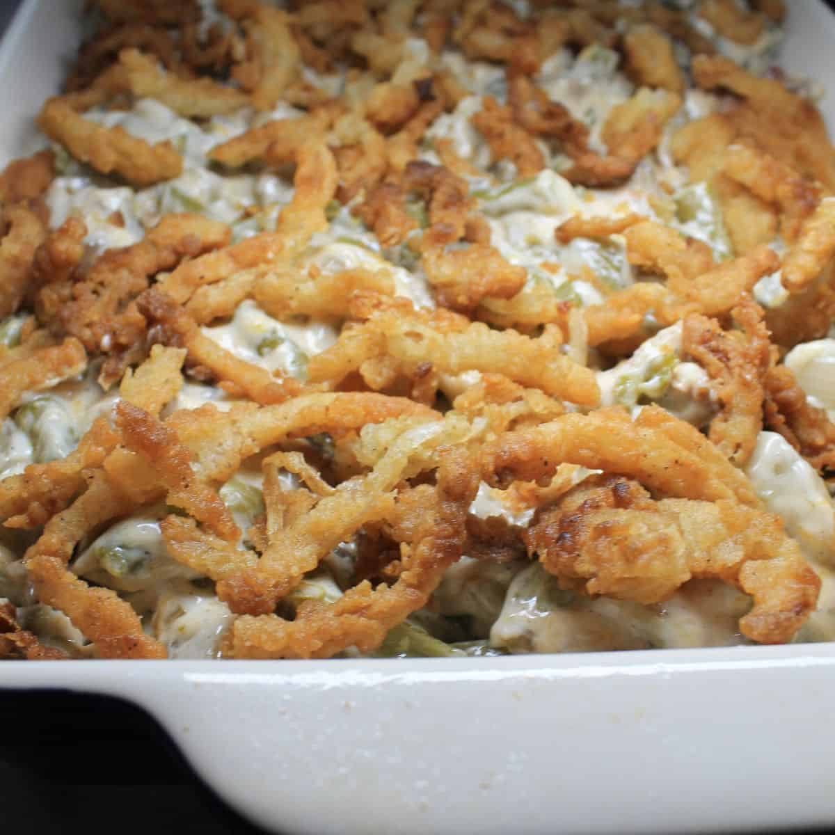 Green bean bake in a dish.