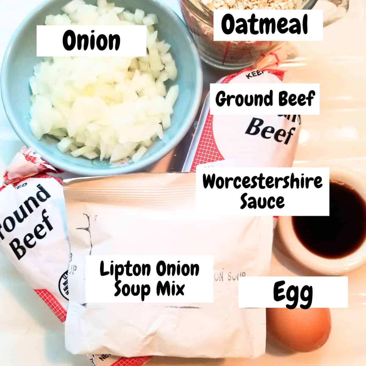 Ingredients needed for the best juicy grilled hamburgers. Text overlay,