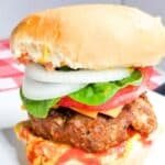 Grilled Hamburger on a bun with burger toppings.