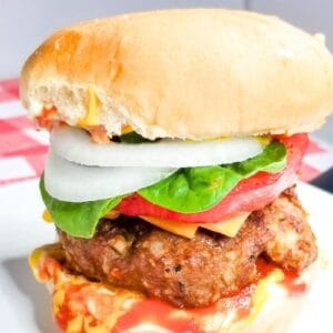 Grilled Hamburger on a bun with burger toppings.