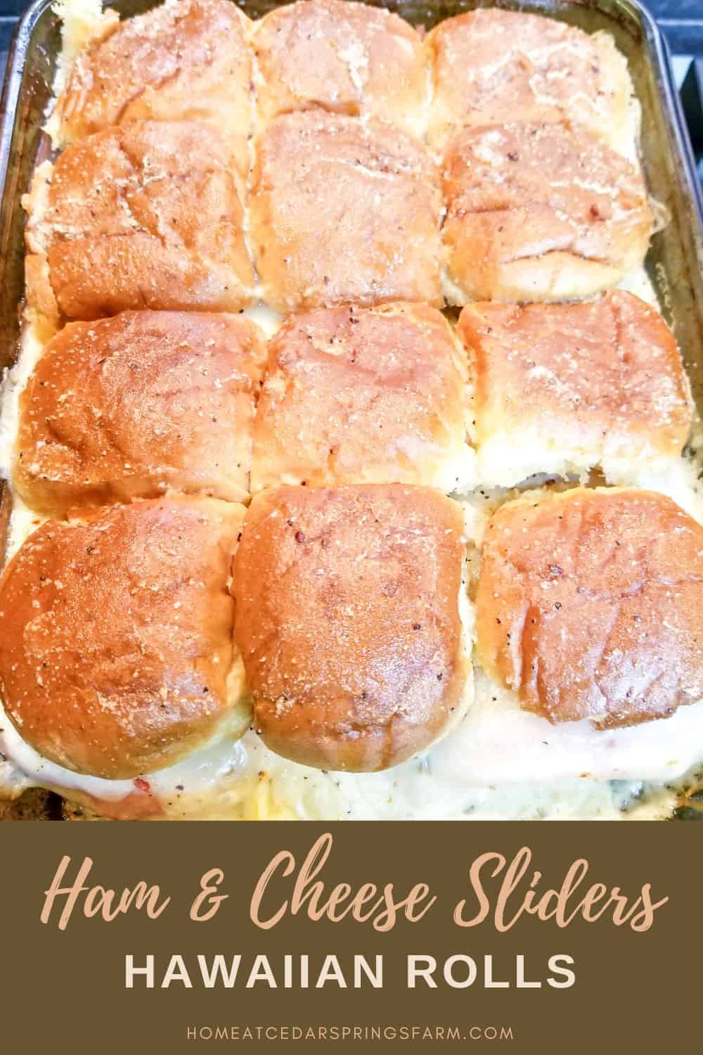 Picture of ready to eat ham and cheese sliders with text overlay.