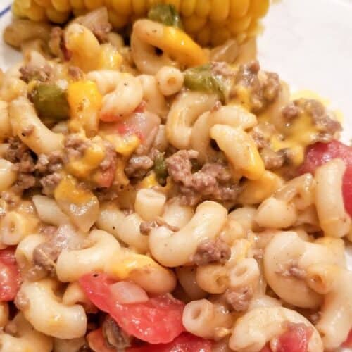 Hamburger noodle casserole on a dinner plate.