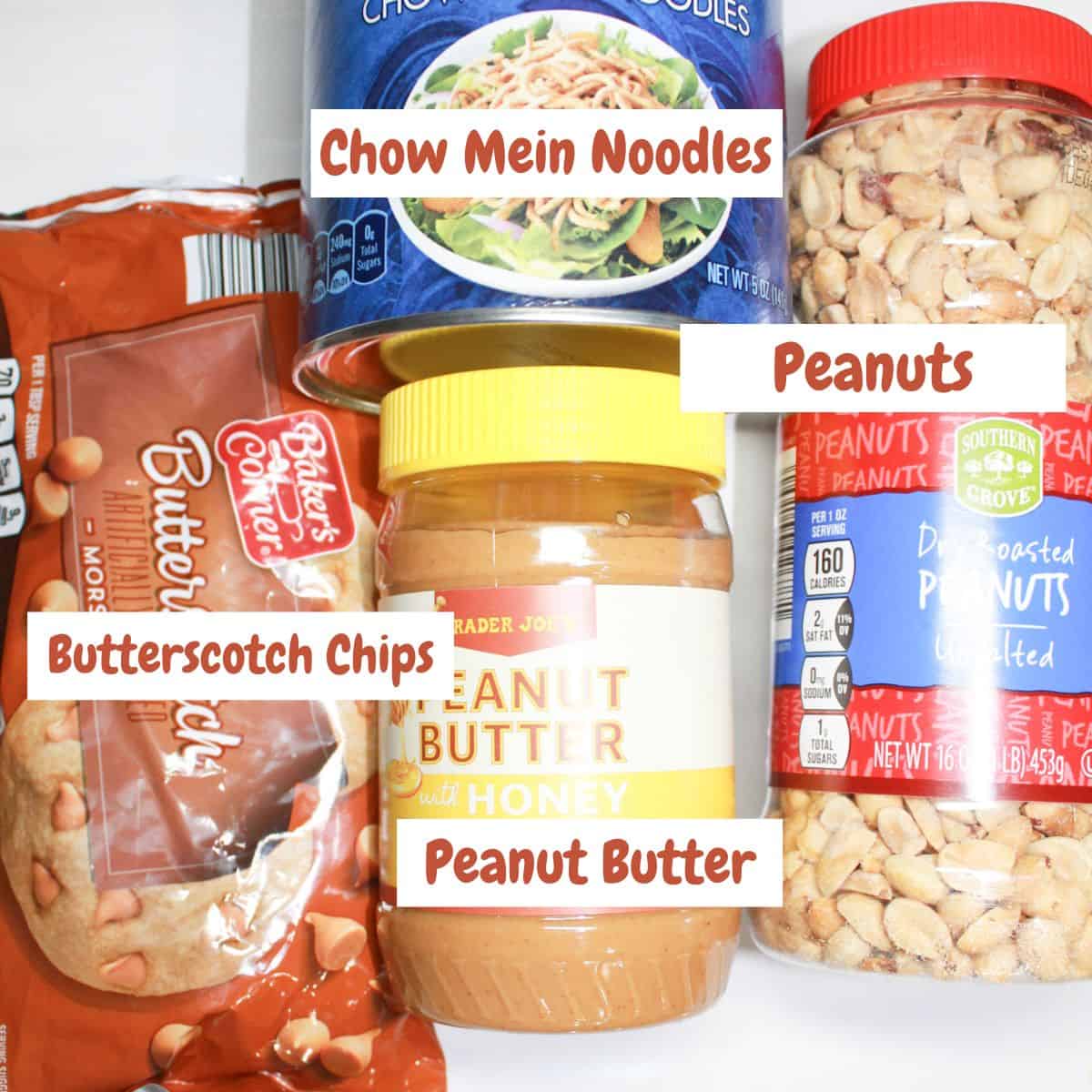 Ingredients needed for making peanut butter haystacks with text overlay.