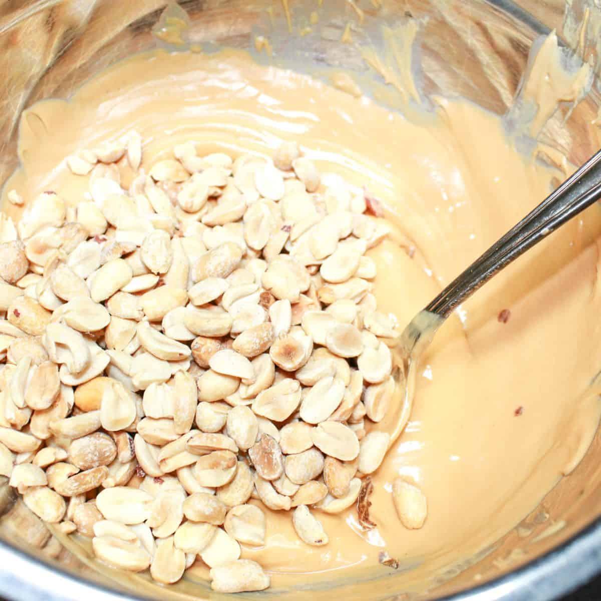 Peanuts and melted chips and peanut butter in a bowl with a spoon.