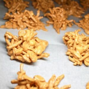 Haystack candy cooling on parchment paper.