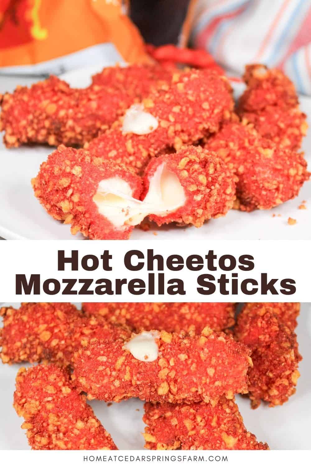 Hot Cheetos Mozzarella Sticks fried and on a white plate with text overlay.