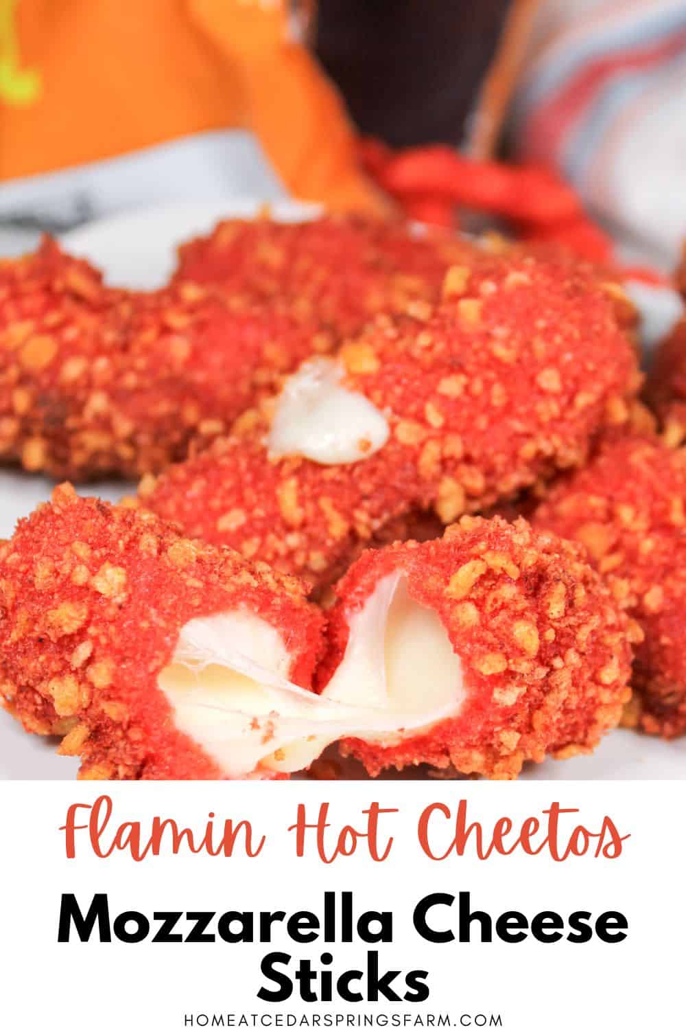 Flamin Hot Cheetos Mozzarella Cheese sticks on a white plate with text overlay.