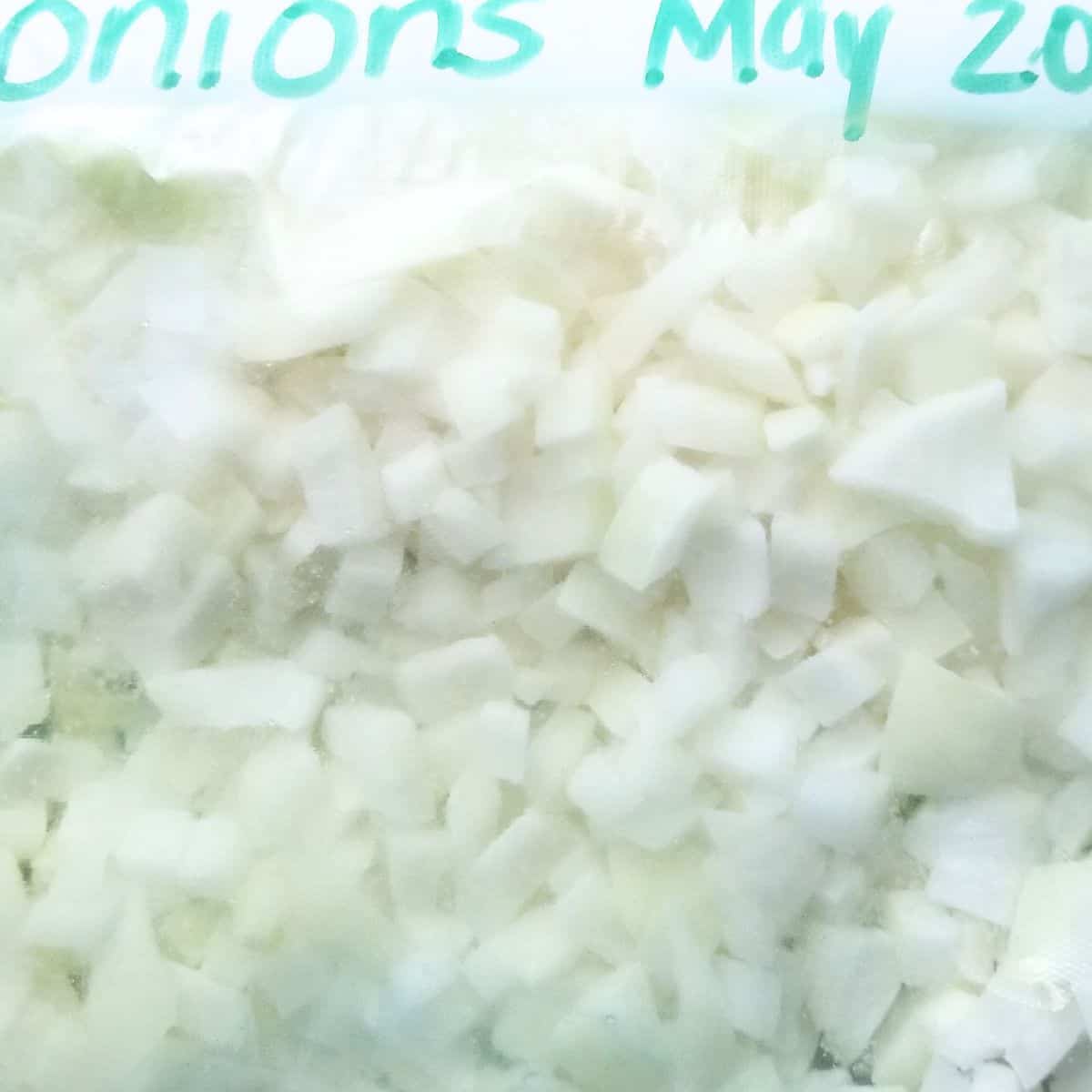 Bag of frozen onions with a date at the top.