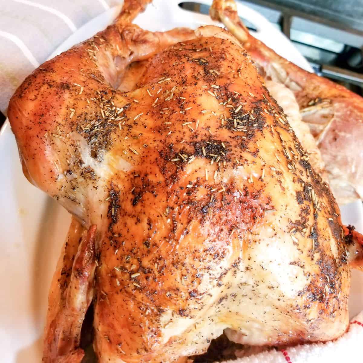 Roasted turkey on a platter with a dish towel to the side.