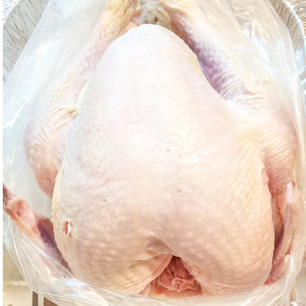 Uncooked turkey in a pan.