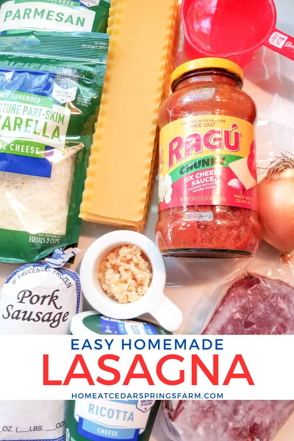 Ingredients needed for making homemade lasagna with text overlay.